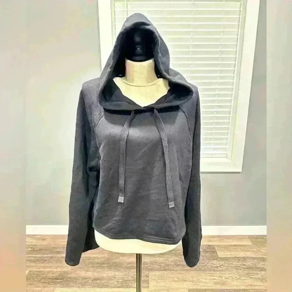 Athleta Womens Black Steady State Bell Sleeve Cropped Hoodie Sweatshirt Medium